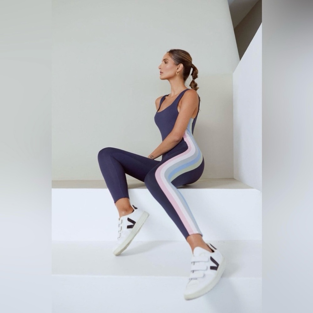 PORT DE BRAS Rainbow-stripe active jumpsuit in navy pastel size medium